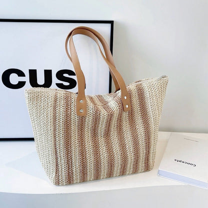 Vertical Striped Straw Tote Bag