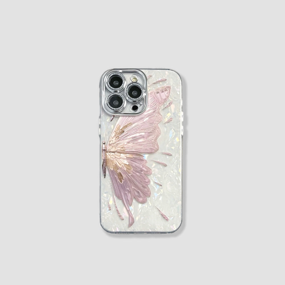 Dreamy Butterfly Phone Case in pearl white featuring a detailed 3D butterfly relief and shimmering finish.