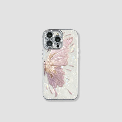 Dreamy Butterfly Phone Case in pearl white featuring a detailed 3D butterfly relief and shimmering finish.