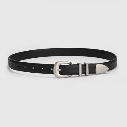 Black leather belt featuring double keeper loops and a vintage silver-toned pointed-tip buckle on a white background.