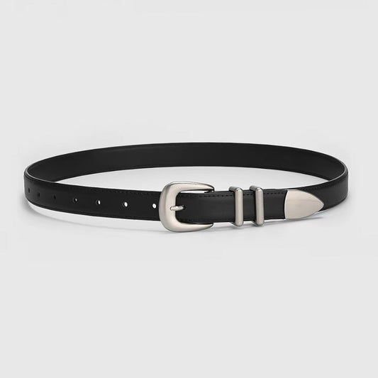 Black leather belt featuring double keeper loops and a vintage silver-toned pointed-tip buckle on a white background.