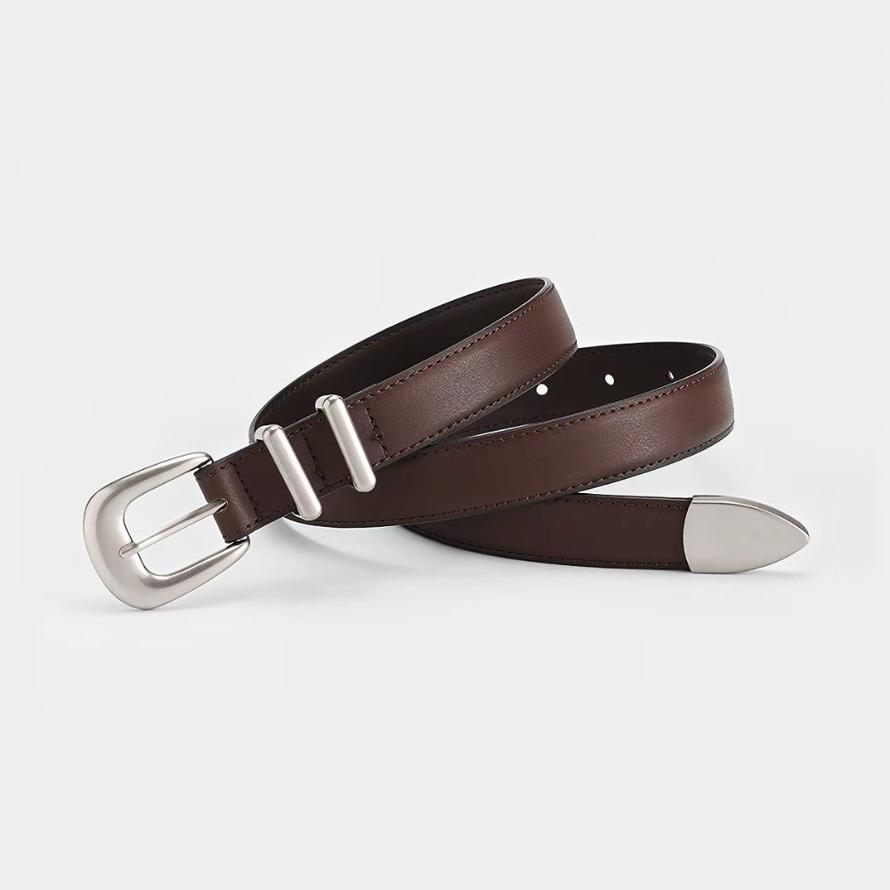 Dark brown double keeper leather belt rolled up showing fine edge stitching and silver hardware.