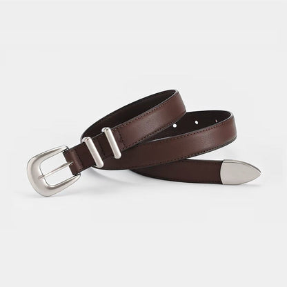Dark brown double keeper leather belt rolled up showing fine edge stitching and silver hardware.