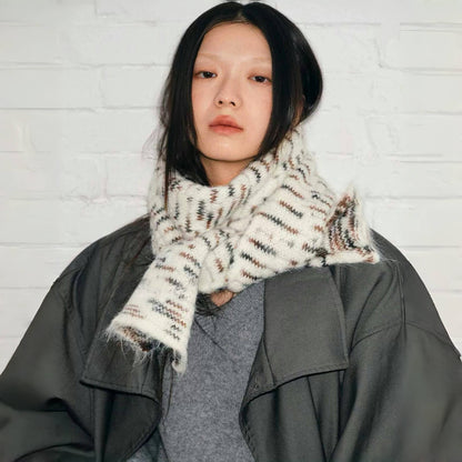 Model wearing a wool scarf Dual-Sided Aurora Texture Soft Scarf, easy for weekend styling and gifting.