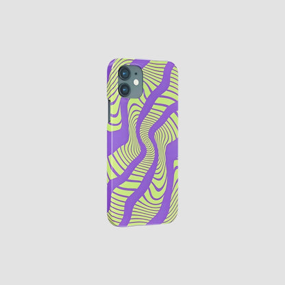 Swirling neon-inspired vortex pattern on a silicone phone case. Futuristic techwear aesthetic accessory.