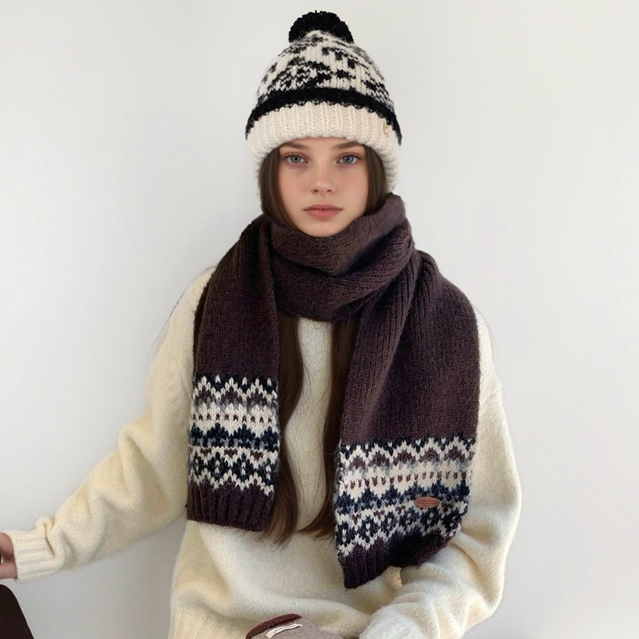 Model wearing a wool scarf in brown, ideal for daily wear and travel.