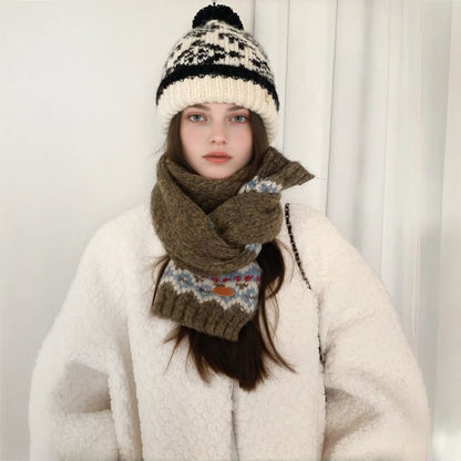 Model wearing cozy Fair Isle pattern wool-acrylic scarf in olive green with blue and red accents.