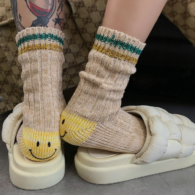 Smily Knitted Socks With Striped Top