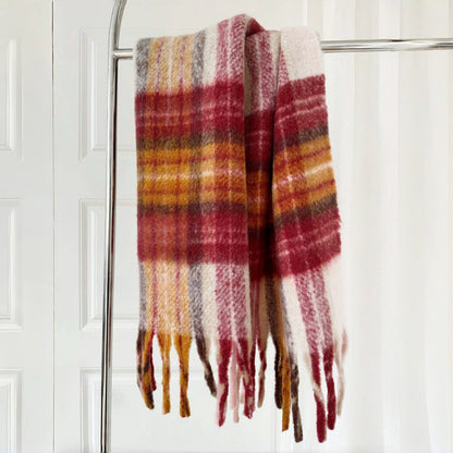 Flat lay of Fiery Sunrise Plaid Scarf in burgundy and maroon, ideal for everyday styling and weekend outings.