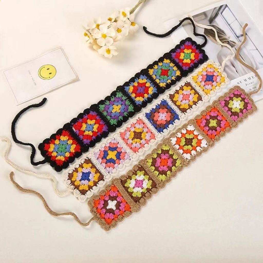Three colorful  floral crochet hairbands with adjustable ties.