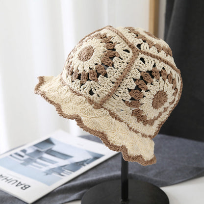 Front view of beige Floral Crochet Hat. Classic elegant knit designed for a comfortable, skin-friendly fit.