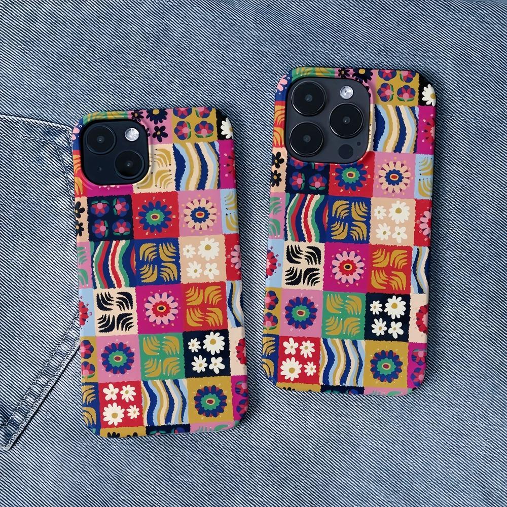 Floral patchwork silicone case shown on a denim background. Vintage-inspired aesthetic lifestyle shot.