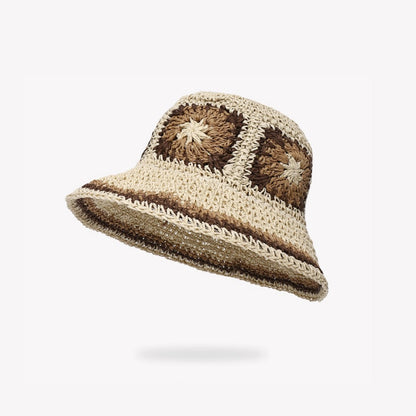 Front view of beige Floral Straw Hat, featuring breathable natural straw and soft polyester floral accents.