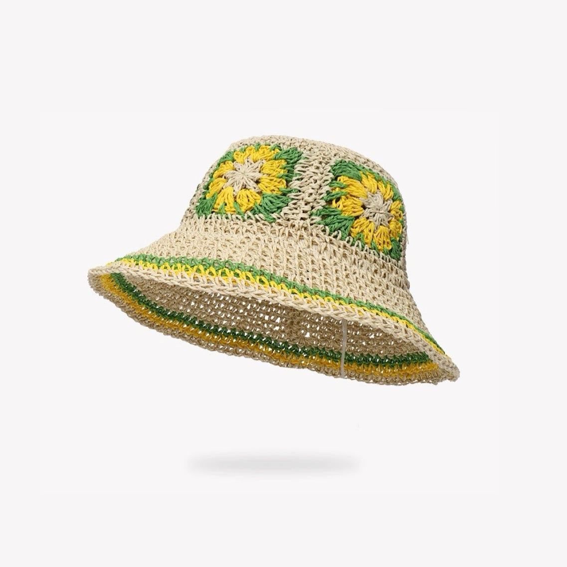 Front view of green Floral Straw Hat. Vibrant nature-inspired shade with intricate crocheted floral trim.