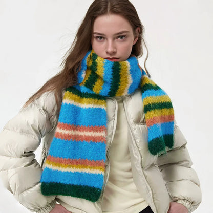 Model wearing a wool fuzzy scarf Fuzzy Nature Inspired Scarf, ideal for daily wear and travel.