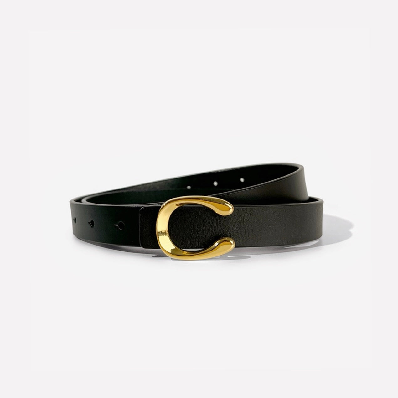 Front view of Black PU leather belt with a shiny gold C-shaped buckle.