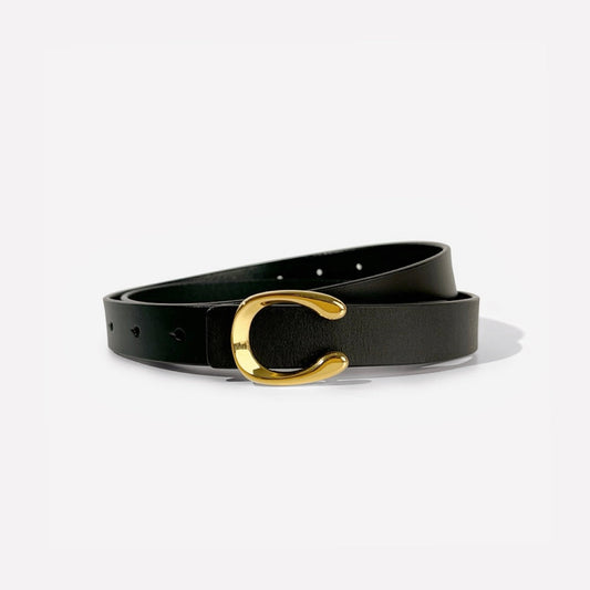 Front view of Black PU leather belt with a shiny gold C-shaped buckle.