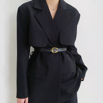 Side profile of model styling black Gold C Buckle Belt.