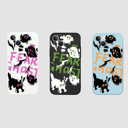 Three Halloween cases: ghost, cat, and lightning designs in white, black, and blue. Spooky season gift.