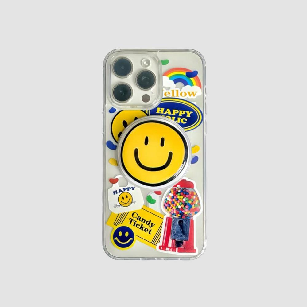 Clear acrylic iPhone case with colorful stickers, yellow smiley holder, and gumball machine design.