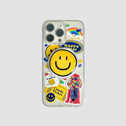 Clear acrylic iPhone case with colorful stickers, yellow smiley holder, and gumball machine design.