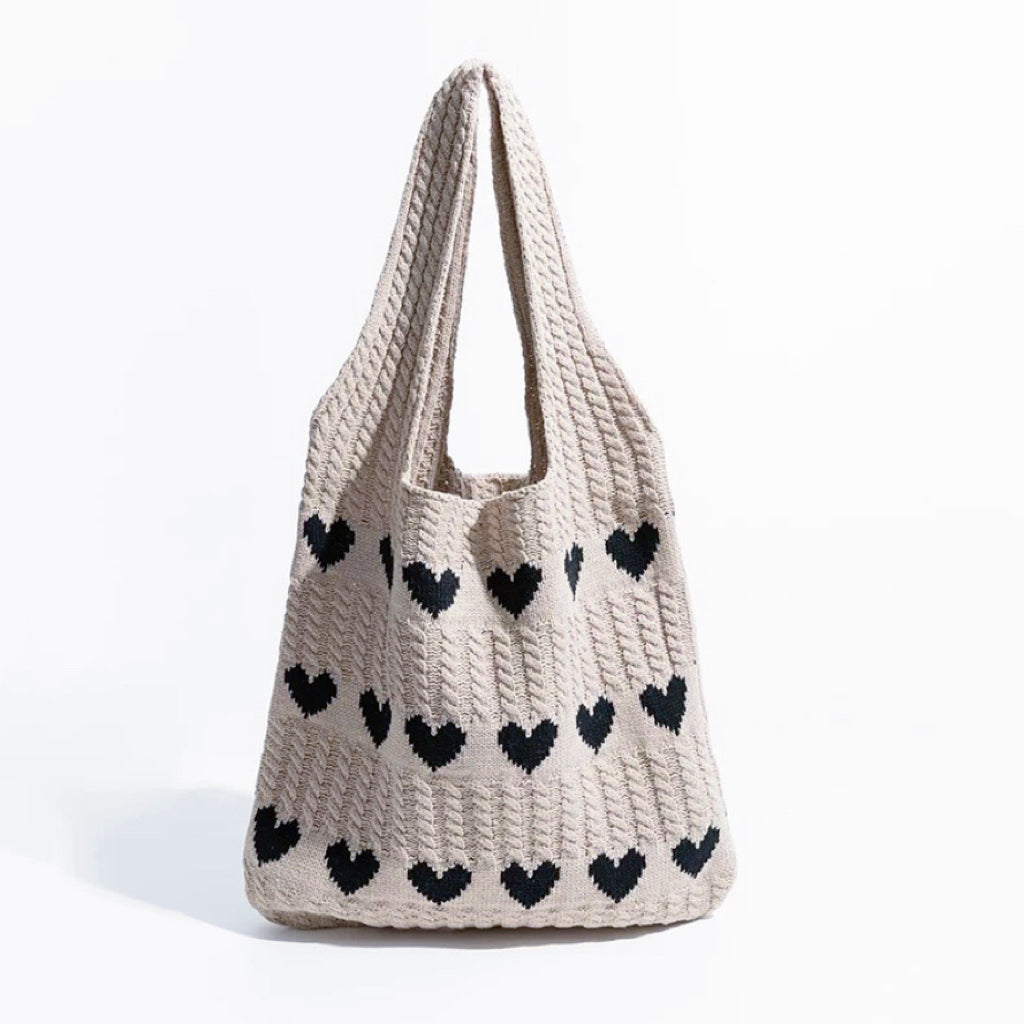 Close-up of Oatmeal Heart Pattern Crochet Tote Bag.