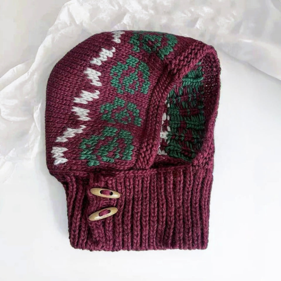 Front view of Jacquard Knitted Balaclava, knitted from fine natural wool with intricate patterns for thermal comfort.