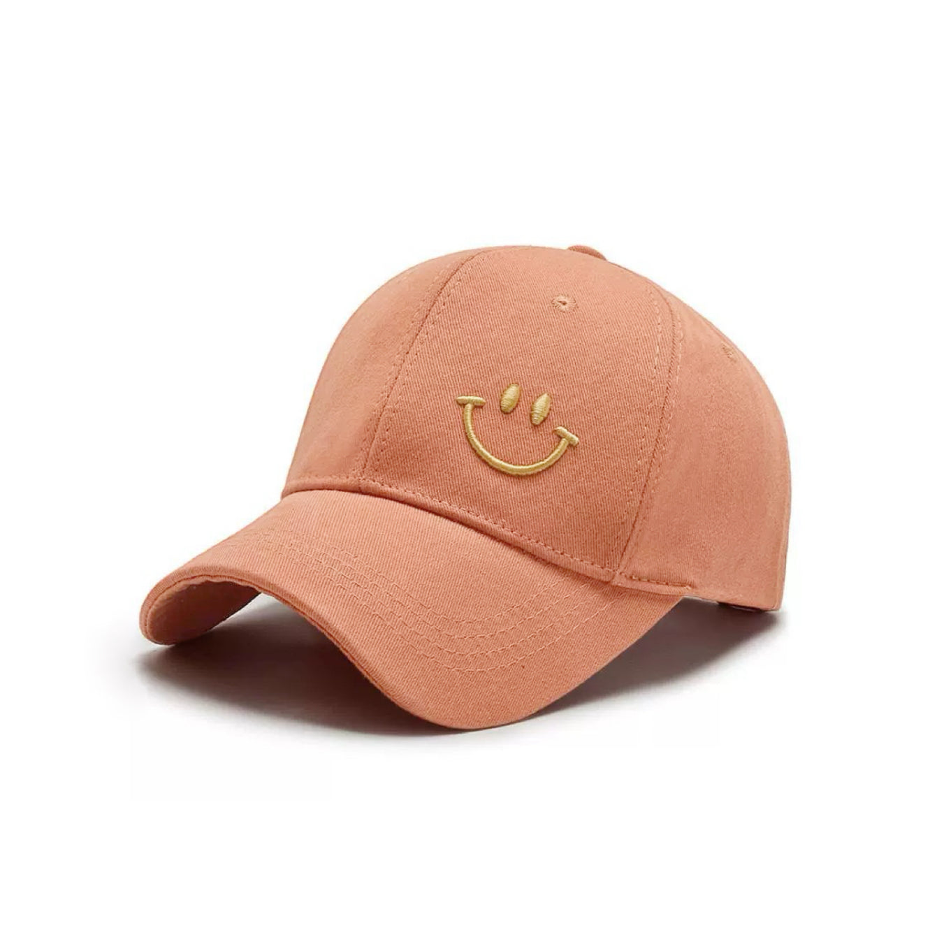 Front view of Joyful Grin Cap in orange, displays iconic smile graphic on breathable cotton for high-visibility style.
