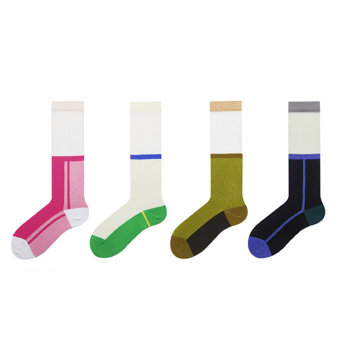Front view of 4 colors of Juicy Patchwork Knee-high Socks, great for daily wear and lounging.