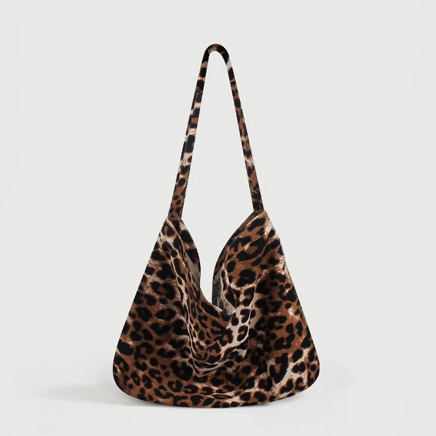Brown and black leopard print polyester leisure tote bag, 15.7W x 13.8H.
