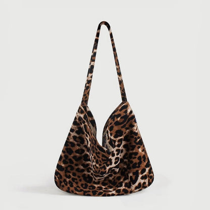 Brown and black leopard print polyester leisure tote bag, 15.7W x 13.8H.
