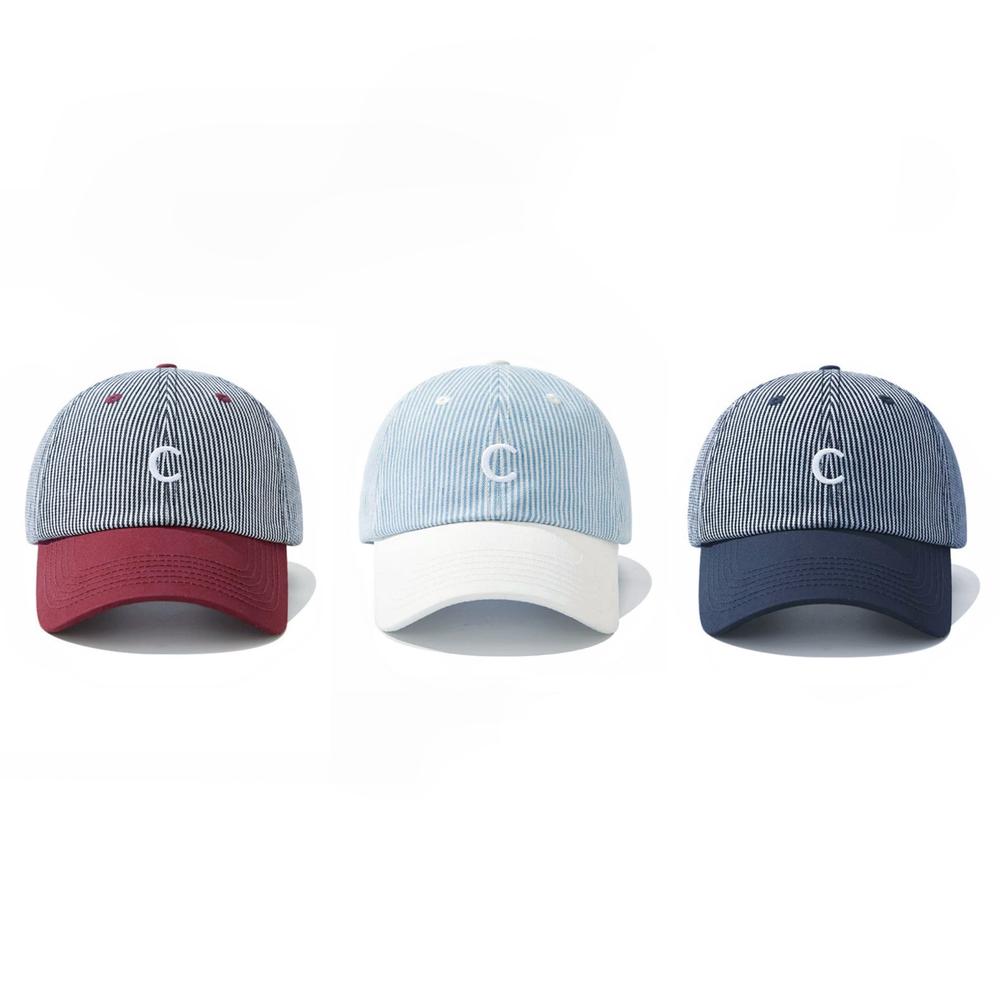 Three Mash Up Stripe C Caps in red, light blue, and navy with pinstripes, ideal for sporty urban streetwear.