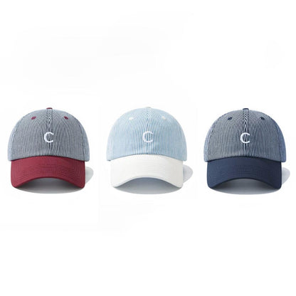 Three Mash Up Stripe C Caps in red, light blue, and navy with pinstripes, ideal for sporty urban streetwear.