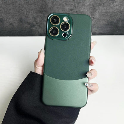 Model holding green Metal Leather Splicing Case. Vibrant metallic texture integrated with premium faux leather.