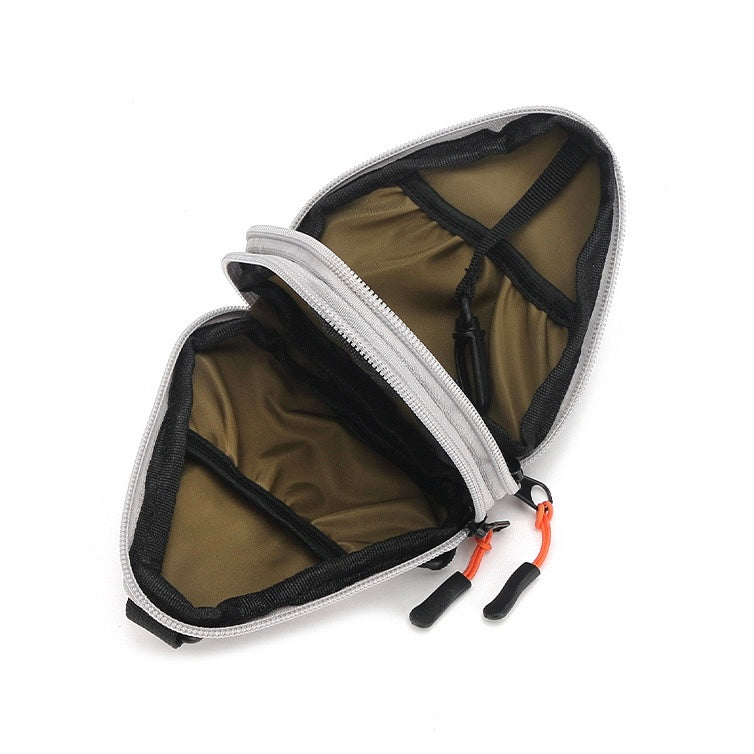 The interior of the mini triangle nylon pouch featuring two slip pockets and a built-in key hook.