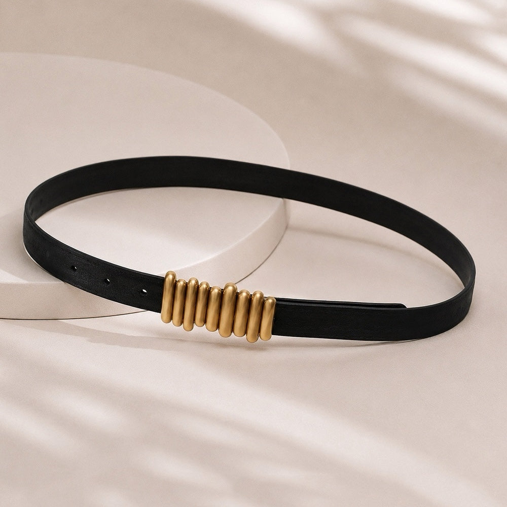Front view of black Notes Lady's Belt, stylish design for daily wear
