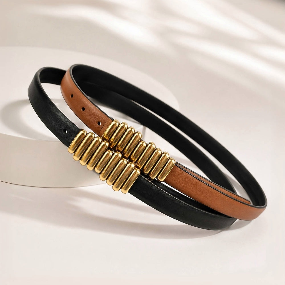 Two PU leather belts, one black and one brown , with unique gold bar buckle.
