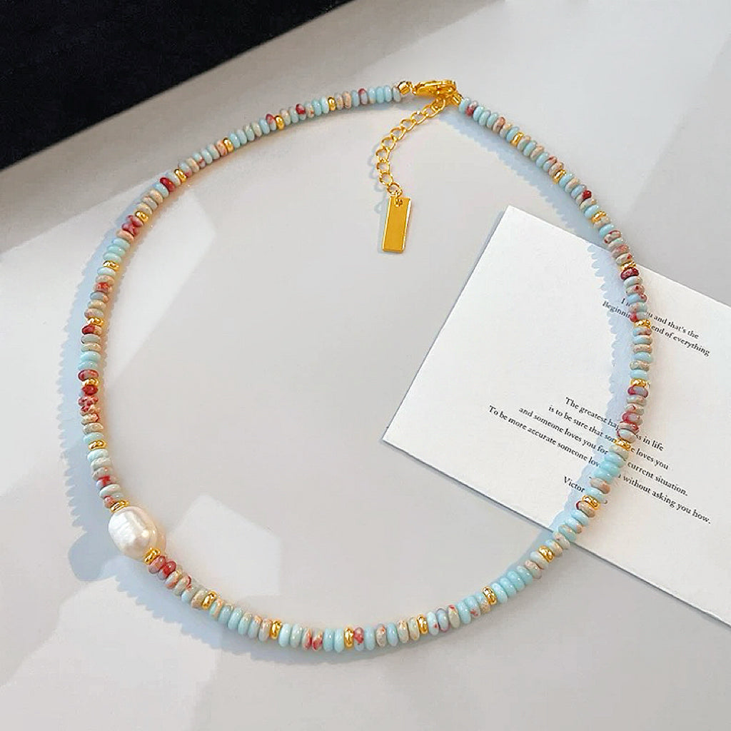 Front view of Ocean Breeze Necklace with Aqua Beads, great for everyday outfits.