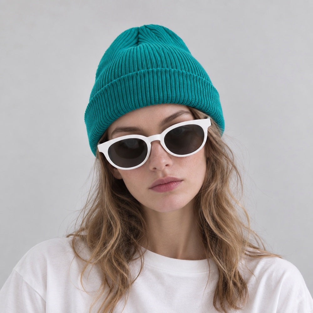 Model wearing a vibrant peacock blue cuffed skullcap beanie with white sunglasses.