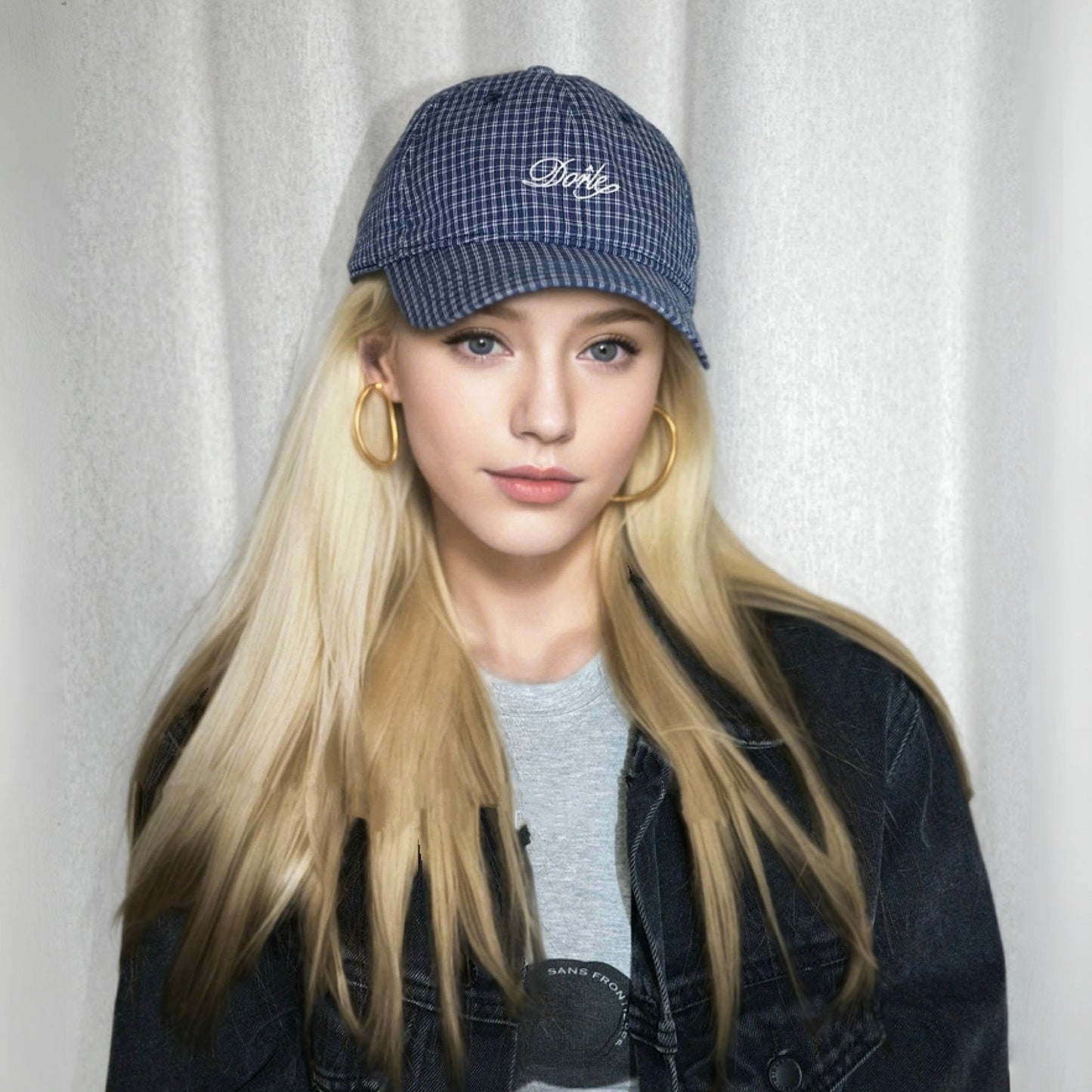 Model wearing navy blue Plaid Chill Cap, showcasing classic plaid patterns for a timeless, rugged outdoor look.