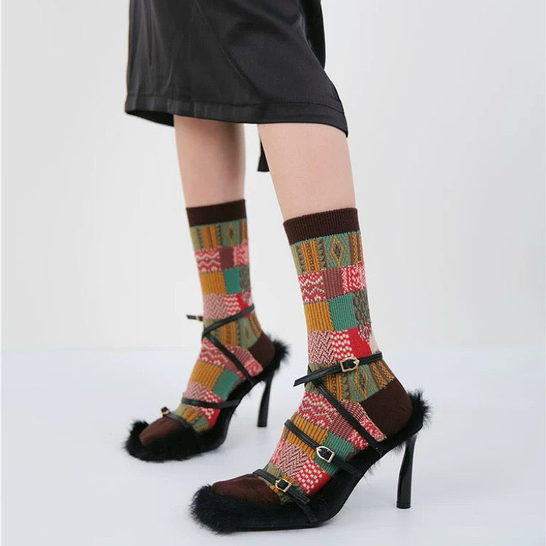 Model wearing a pair of  Plaid Patchwork Socks in brown, ideal for workouts and commuting.