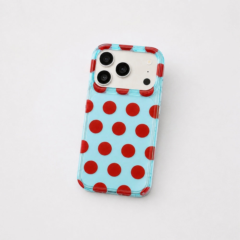 Back view of the light blue silicone phone case featuring vibrant red polka dots and precision camera frame.