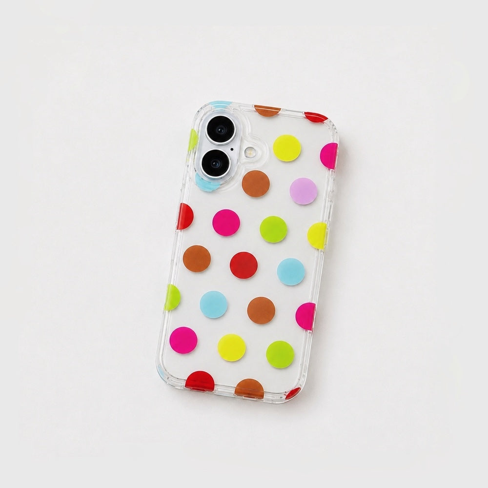 Clear silicone phone case patterned with colorful pastel polka dots resting flat.