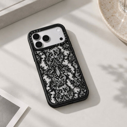 Close-up of the delicate lace print pattern on a transparent background with black silicone side bumpers.