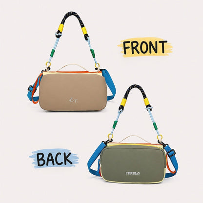 Dual view showing front khaki side and reversed olive green back side of the nylon utility bag.