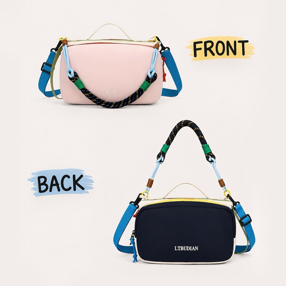 Front pink side and reversed navy blue back side display of the reversible nylon crossbody pouch.