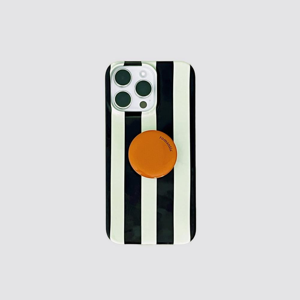 Silicone iPhone case with black and white vertical stripes and an orange romantic pop socket.