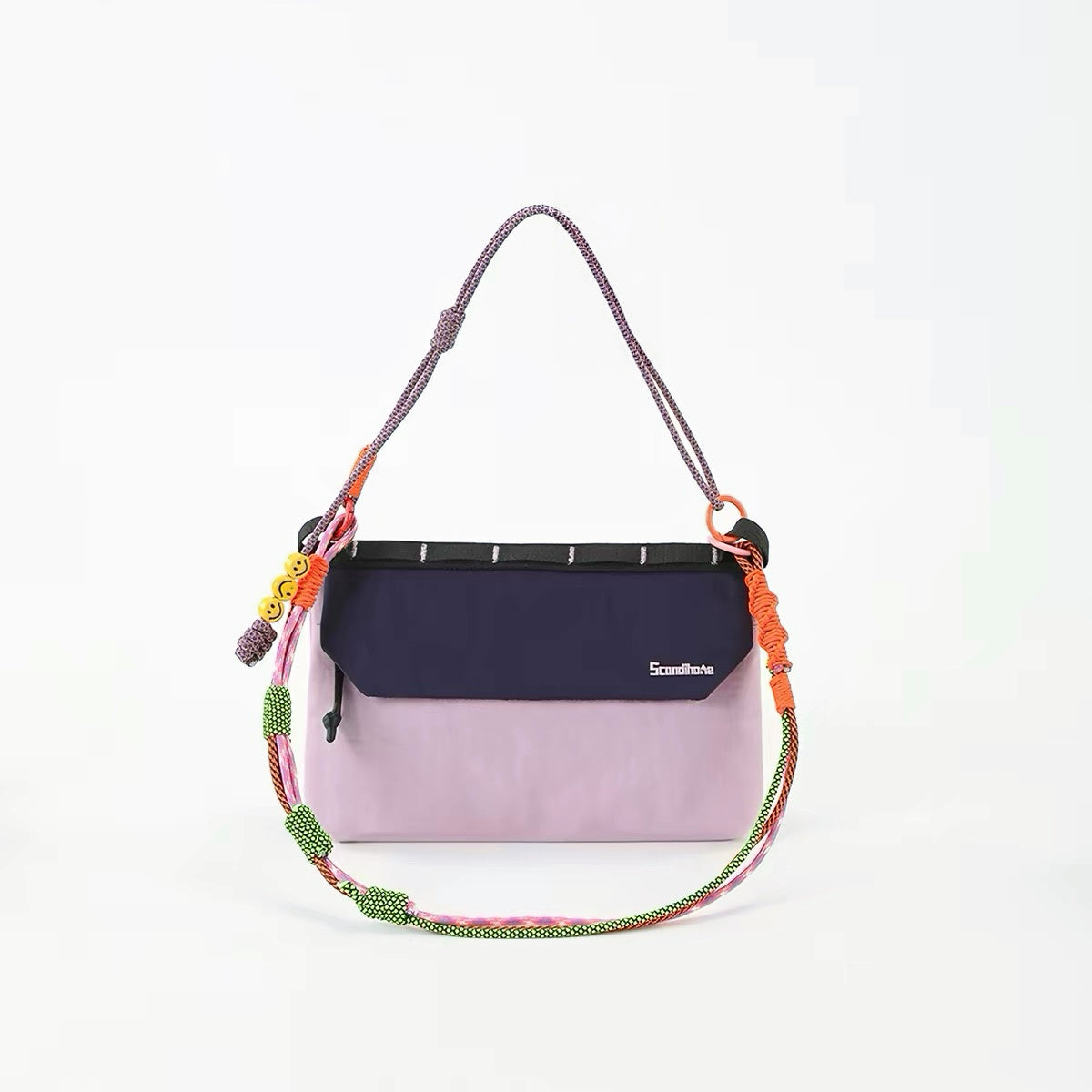 Front view of the lilac Rope Play bag configured as a shoulder purse style.