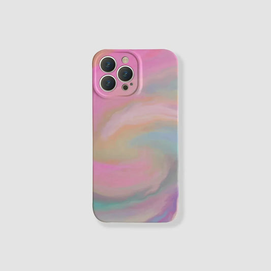 Rosy Dawn silicone case with a vibrant swirled pastel design. Precise camera cutouts for iPhone.