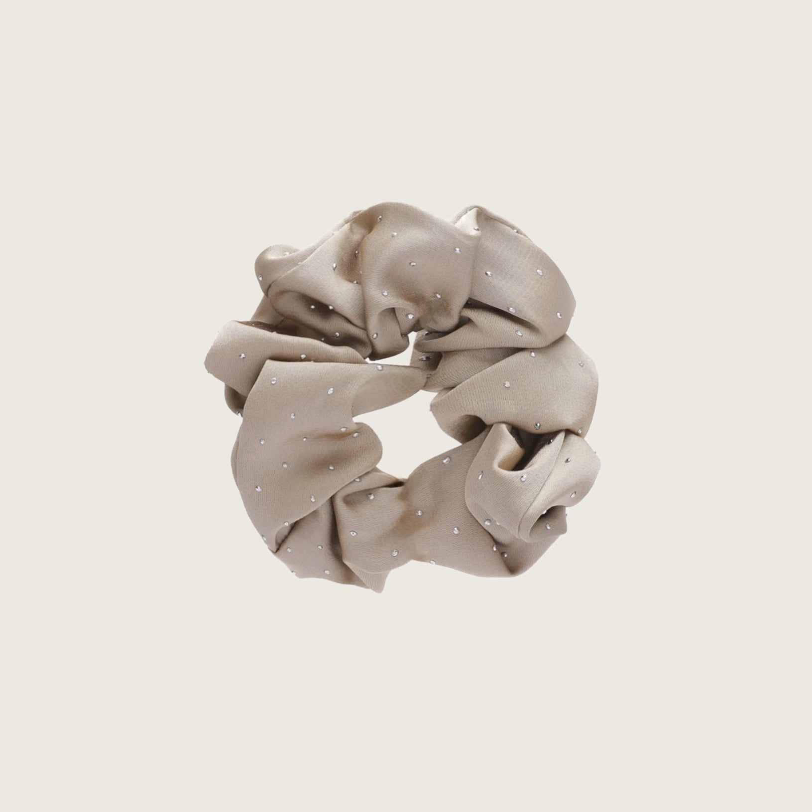 Flat lay of Satin Scrunchie With Rhinestones in khaki, great for everyday styling and gifting.